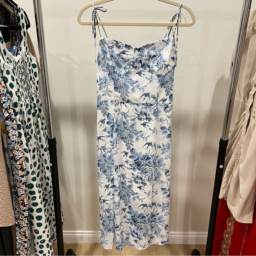 Commense Blue and White Floral Midi Slip Dress